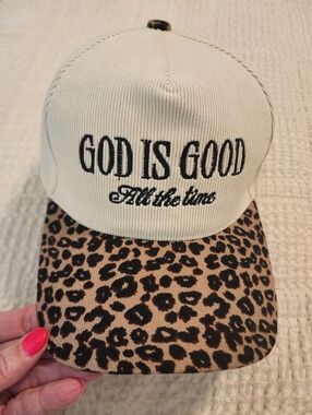 New God Is Good All The Time Leopard Brim Baseball Cap Cream & Brown Christian